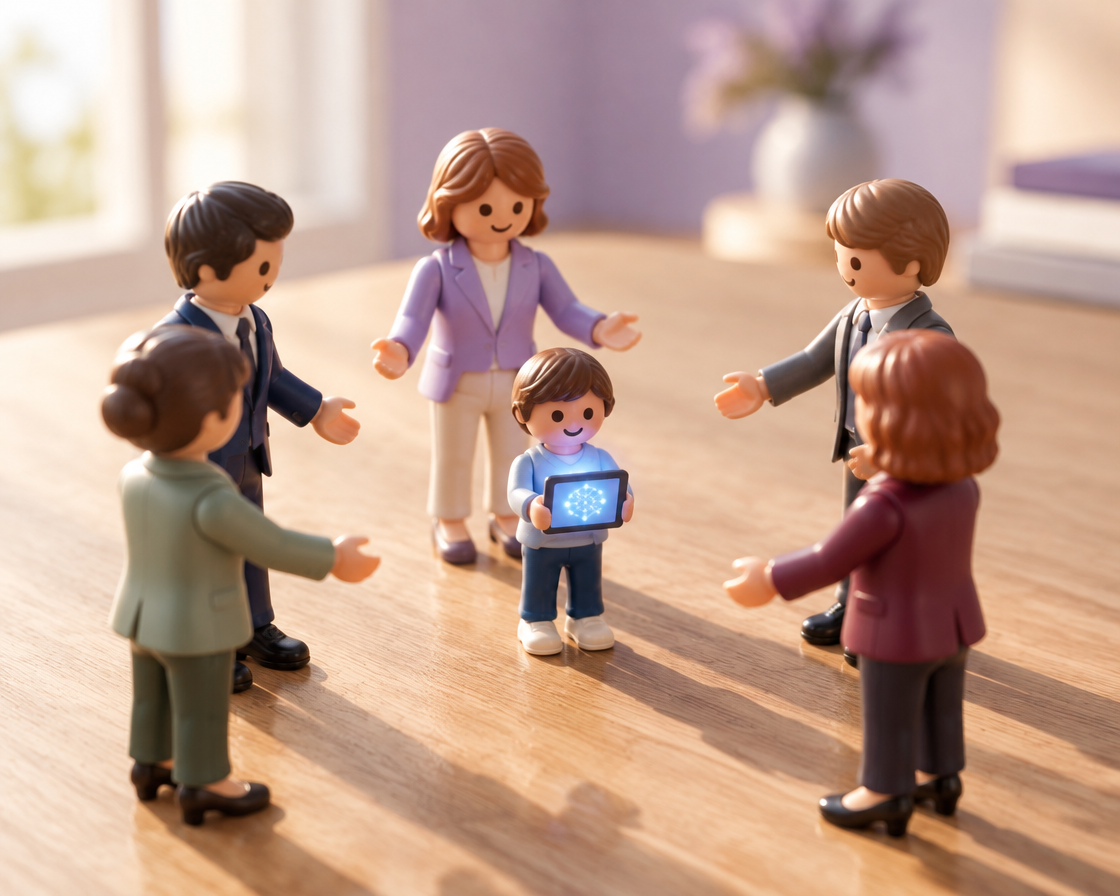Constelación organizacional: un equipo de figuras recibe en el centro a un niño con una tablet que representa la IA